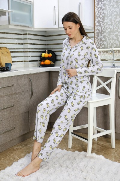  - Moda Çizgi Kadın Pamuk Penye Önden Düğmeli Uzun Kol Pijama Takım Gri 2784