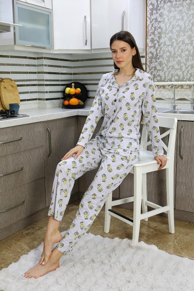 Moda Çizgi Kadın Pamuk Penye Önden Düğmeli Uzun Kol Pijama Takım Gri 2784 - Thumbnail