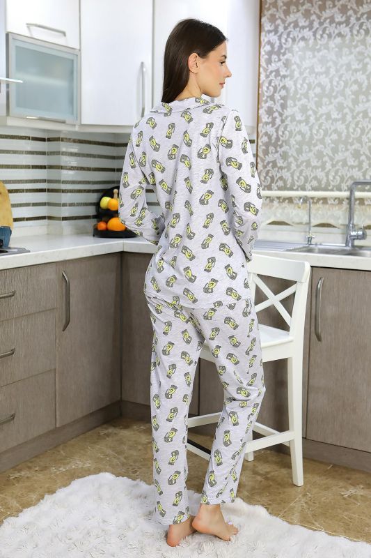 Moda Çizgi Kadın Pamuk Penye Önden Düğmeli Uzun Kol Pijama Takım Gri 2784 - 5