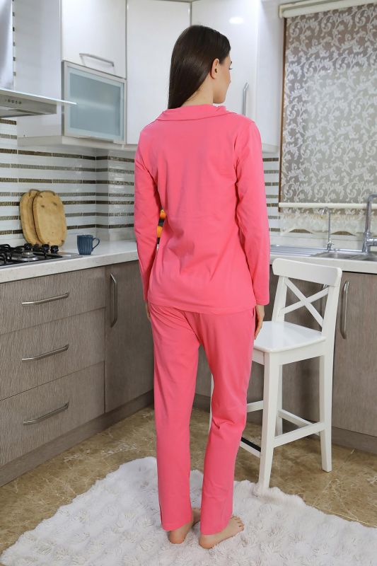 Moda Çizgi Kadın Pamuk Penye Önden Düğmeli Uzun Kol Pijama Takım Pembe 2783 - 4