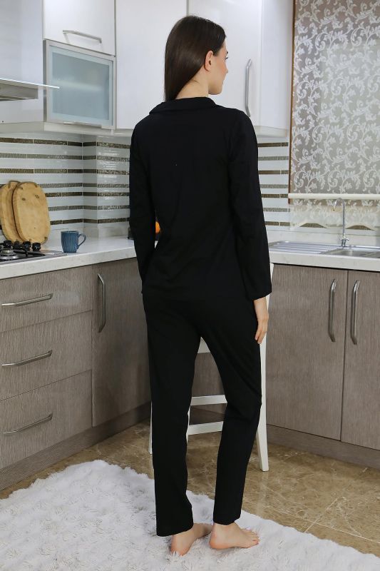 Moda Çizgi Kadın Pamuk Penye Önden Düğmeli Uzun Kol Pijama Takım Siyah 2783 - 3