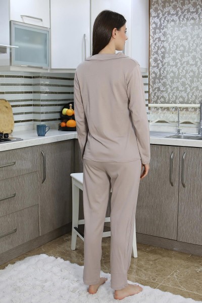 Moda Çizgi Kadın Pamuk Penye Önden Düğmeli Uzun Kol Pijama Takım Vizon 2783 - Thumbnail
