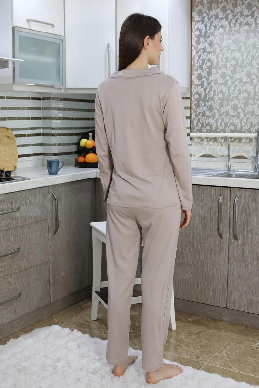 Moda Çizgi Kadın Pamuk Penye Önden Düğmeli Uzun Kol Pijama Takım Vizon 2783 - 4