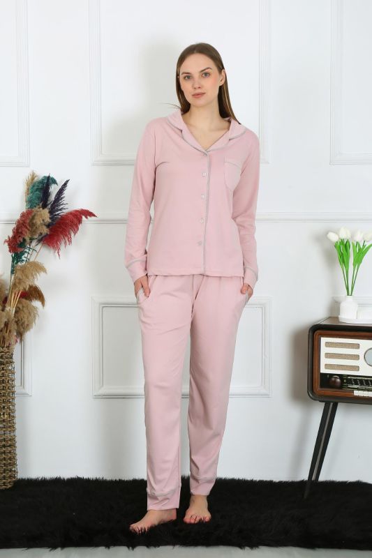 Moda Çizgi Kadın Pamuk Penye Önden Düğmeli Uzun Kol Pudra Pijama Takım 2782 - 1