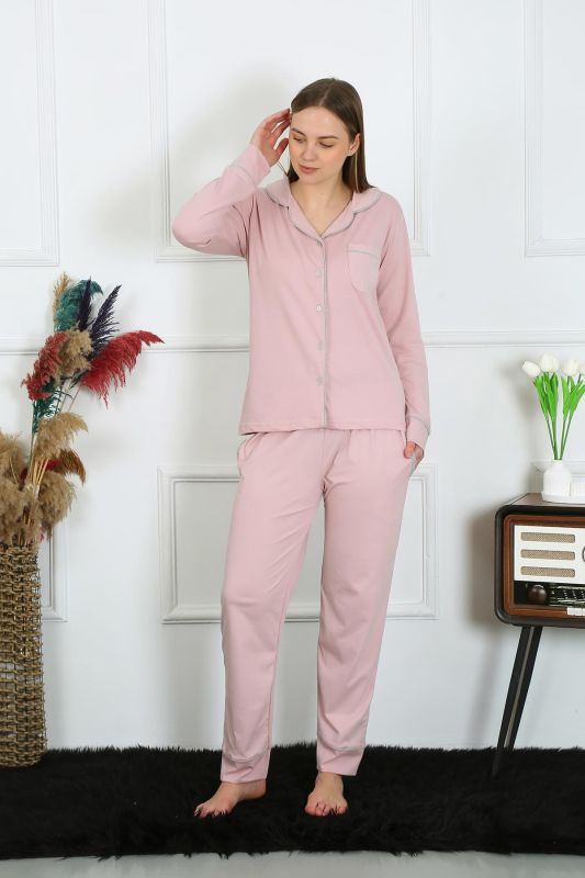 Moda Çizgi Kadın Pamuk Penye Önden Düğmeli Uzun Kol Pudra Pijama Takım 2782 - 2