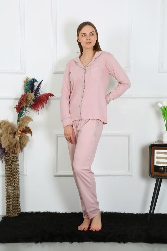 Moda Çizgi Kadın Pamuk Penye Önden Düğmeli Uzun Kol Pudra Pijama Takım 2782 - 3