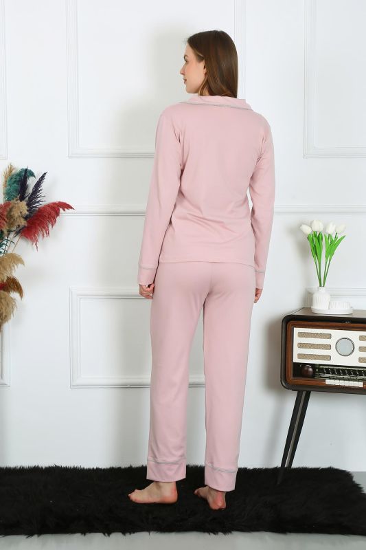Moda Çizgi Kadın Pamuk Penye Önden Düğmeli Uzun Kol Pudra Pijama Takım 2782 - 4