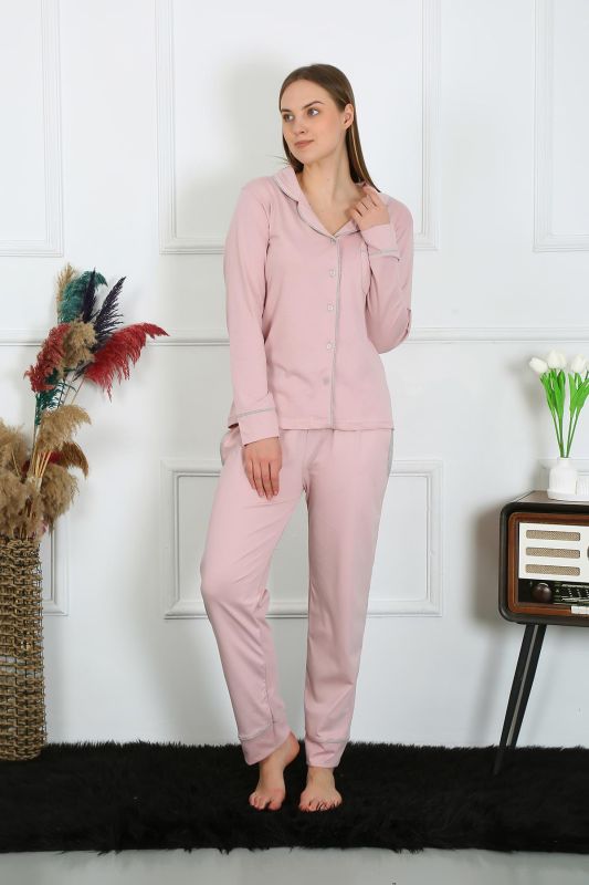 Moda Çizgi Kadın Pamuk Penye Önden Düğmeli Uzun Kol Pudra Pijama Takım 2782 - 6