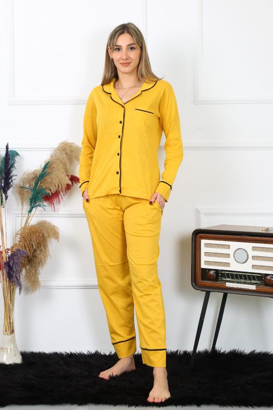 Moda Çizgi Kadın Pamuk Penye Önden Düğmeli Uzun Kol Sarı Pijama Takım 2782 - 3