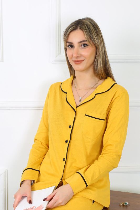 Moda Çizgi Kadın Pamuk Penye Önden Düğmeli Uzun Kol Sarı Pijama Takım 2782 - 4