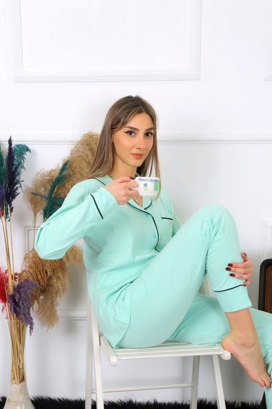 Moda Çizgi Kadın Pamuk Penye Önden Düğmeli Uzun Kol Su Yeşili Pijama Takım 2782 - 1