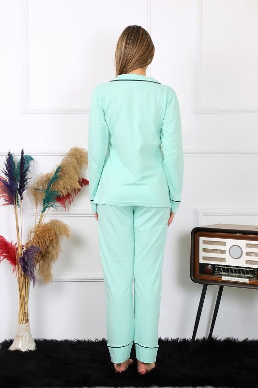Moda Çizgi Kadın Pamuk Penye Önden Düğmeli Uzun Kol Su Yeşili Pijama Takım 2782 - 3