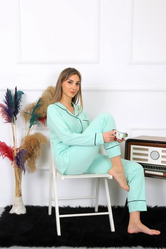 Moda Çizgi Kadın Pamuk Penye Önden Düğmeli Uzun Kol Su Yeşili Pijama Takım 2782 - 4