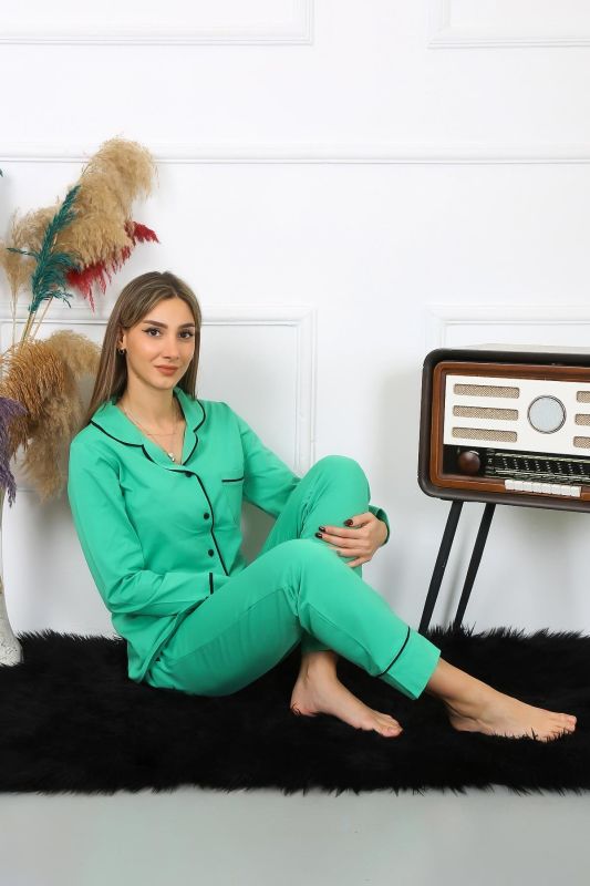 Moda Çizgi Kadın Pamuk Penye Önden Düğmeli Uzun Kol Yeşil Pijama Takım 2782 - 1