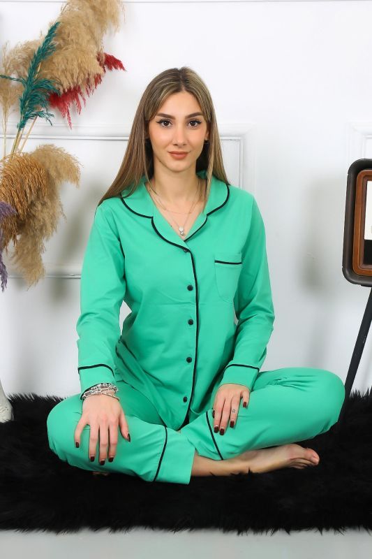 Moda Çizgi Kadın Pamuk Penye Önden Düğmeli Uzun Kol Yeşil Pijama Takım 2782 - 3
