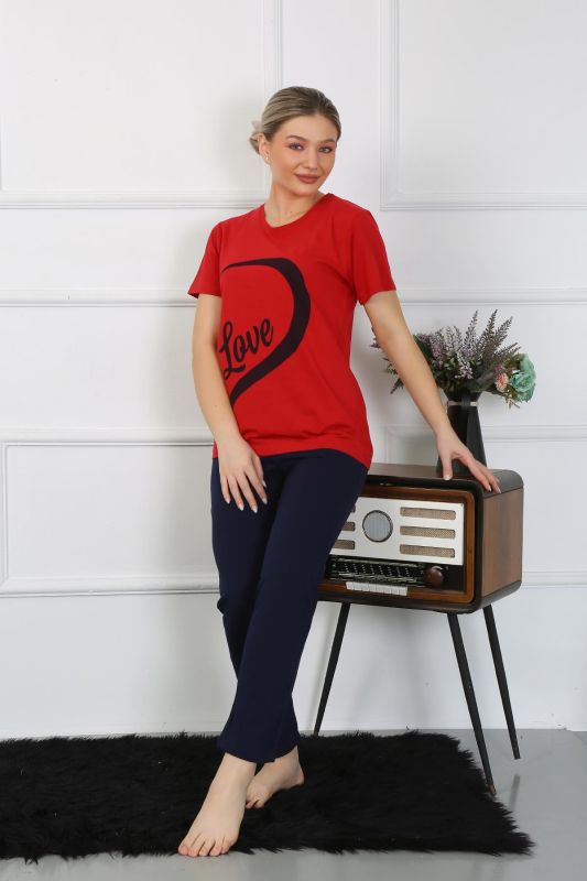 Moda Çizgi Kadın Pamuk Penye Sevgili Kombini Pijama Takımı Kırmızı 50128 Tek Takım Fiyatıdır - 2
