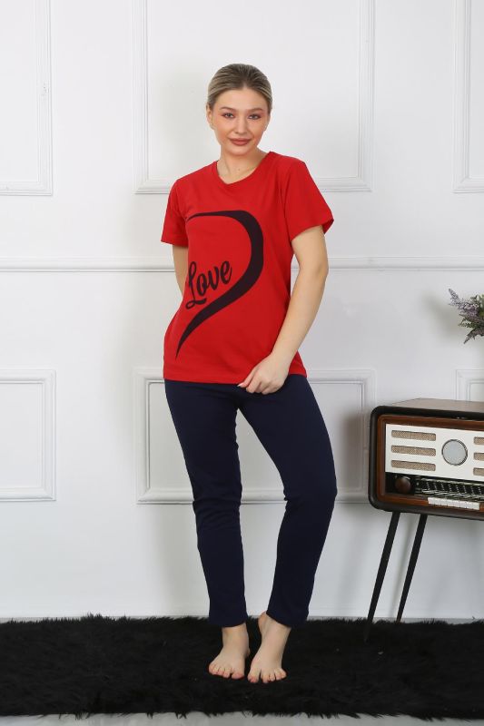 Moda Çizgi Kadın Pamuk Penye Sevgili Kombini Pijama Takımı Kırmızı 50128 Tek Takım Fiyatıdır - 5