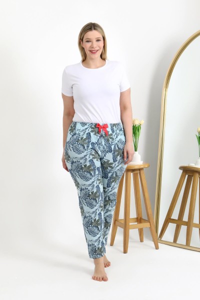 Moda Çizgi Kadın Pamuklu Büyük Beden Alt Pijama 27558 Mavi - Thumbnail