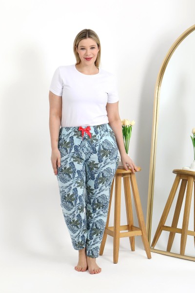 Moda Çizgi Kadın Pamuklu Büyük Beden Alt Pijama 27558 Mavi - Thumbnail