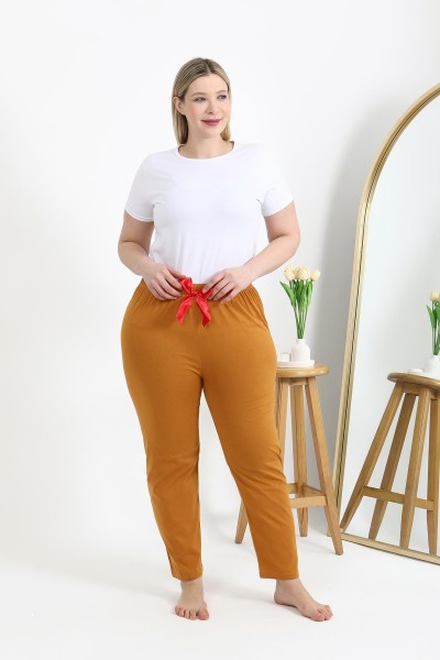 Moda Çizgi Kadın Pamuklu Büyük Beden Alt Pijama 27559 Hardal - Thumbnail