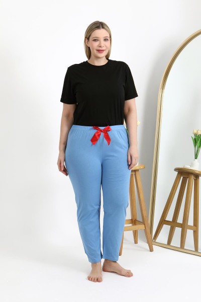 Moda Çizgi Kadın Pamuklu Büyük Beden Alt Pijama 27559 Mavi - Thumbnail