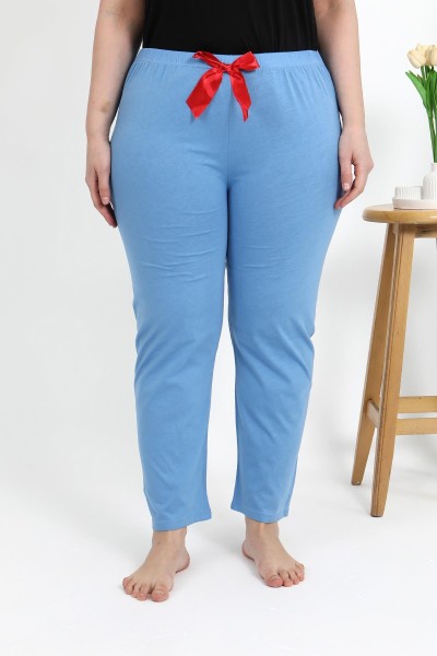 Moda Çizgi Kadın Pamuklu Büyük Beden Alt Pijama 27559 Mavi - Thumbnail
