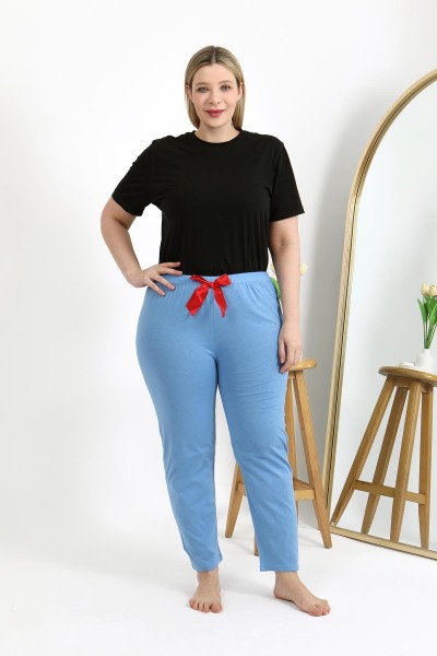 Moda Çizgi Kadın Pamuklu Büyük Beden Alt Pijama 27559 Mavi - Thumbnail
