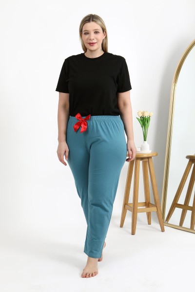 Moda Çizgi Kadın Pamuklu Büyük Beden Alt Pijama 27559 Petrol - Thumbnail