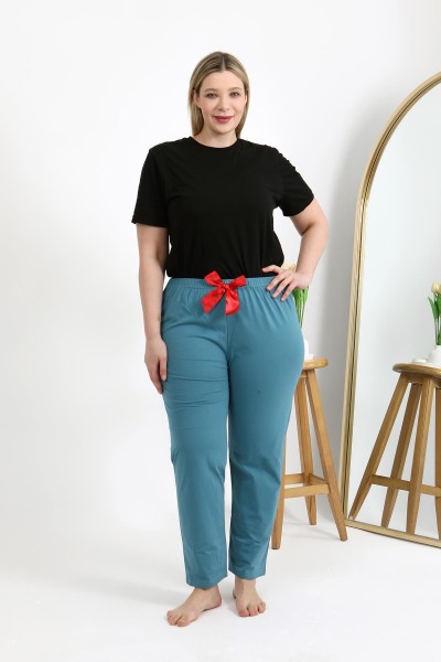 Moda Çizgi Kadın Pamuklu Büyük Beden Alt Pijama 27559 Petrol - Thumbnail