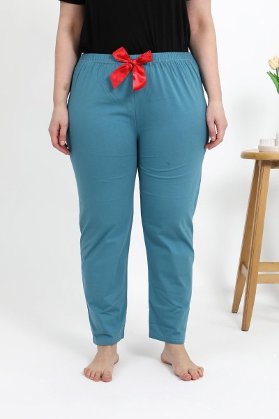 Moda Çizgi Kadın Pamuklu Büyük Beden Alt Pijama 27559 Petrol - Thumbnail