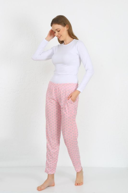 Moda Çizgi Kadın Pamuklu Cepli Tek Alt Pijama Pembe 27527 - 3