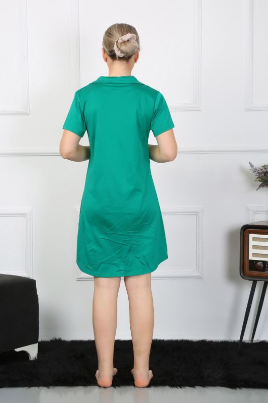 Moda Çizgi Kadın Pamuklu Penye Kısa Kol Düğmeli Yeşil Tunik Gecelik 13109 - 6