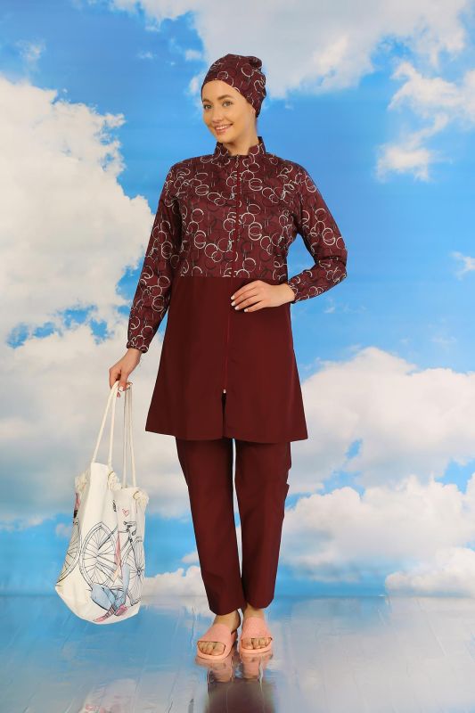 Moda Çizgi Kadın Pantolonlu Desenli Tam Tesettür Mayo Bordo 31075 - 1