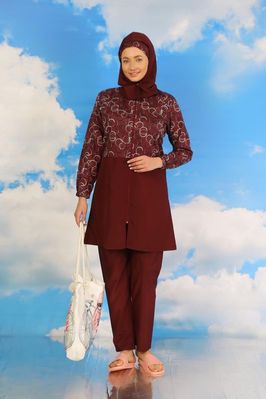 Moda Çizgi Kadın Pantolonlu Desenli Tam Tesettür Mayo Bordo 31075 - 2