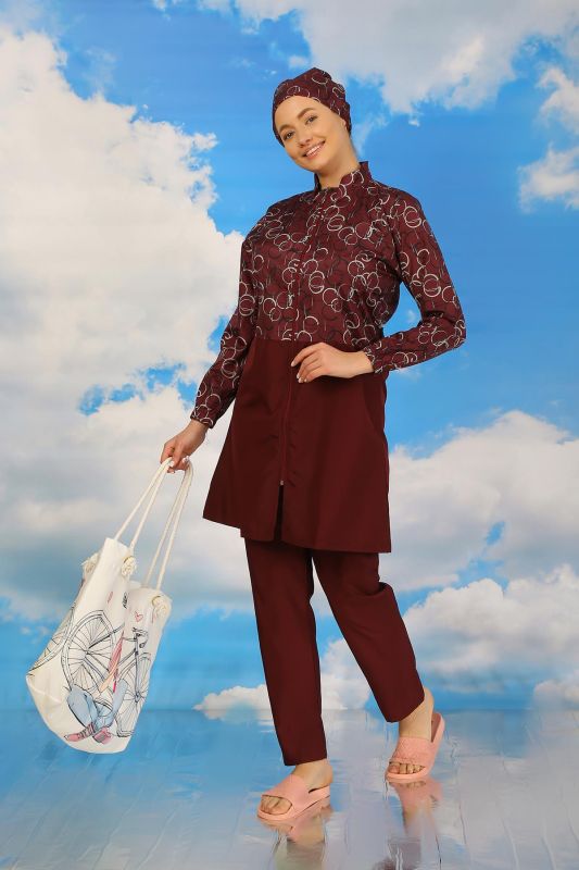 Moda Çizgi Kadın Pantolonlu Desenli Tam Tesettür Mayo Bordo 31075 - 3