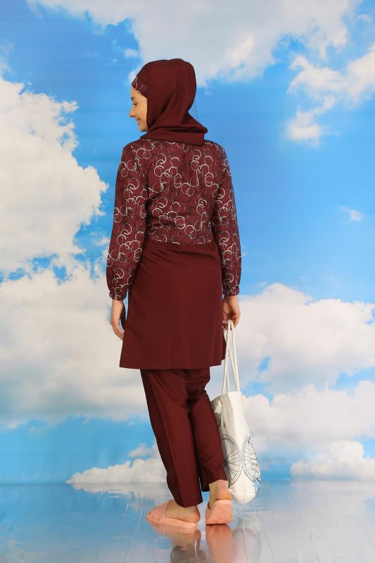 Moda Çizgi Kadın Pantolonlu Desenli Tam Tesettür Mayo Bordo 31075 - 4