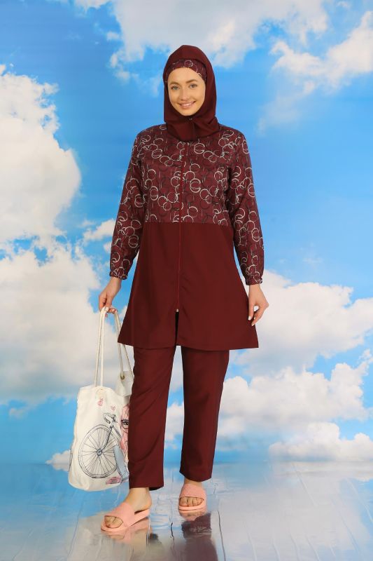 Moda Çizgi Kadın Pantolonlu Desenli Tam Tesettür Mayo Bordo 31075 - 5