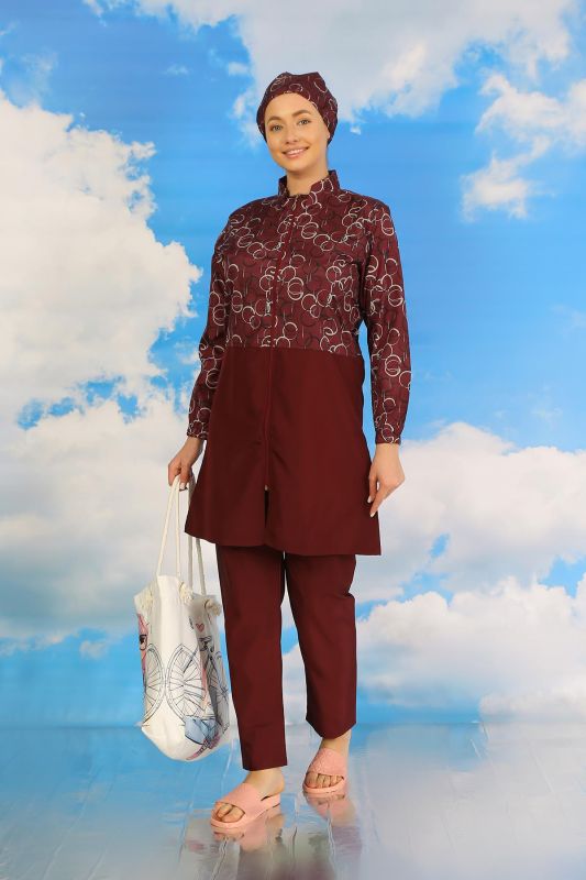 Moda Çizgi Kadın Pantolonlu Desenli Tam Tesettür Mayo Bordo 31075 - 6