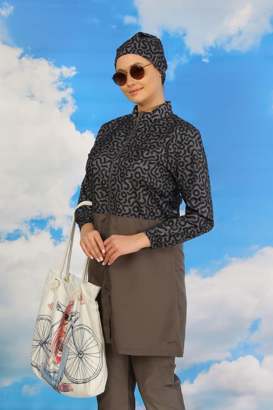 Moda Çizgi Kadın Pantolonlu Desenli Tam Tesettür Mayo Füme 31074 - 3