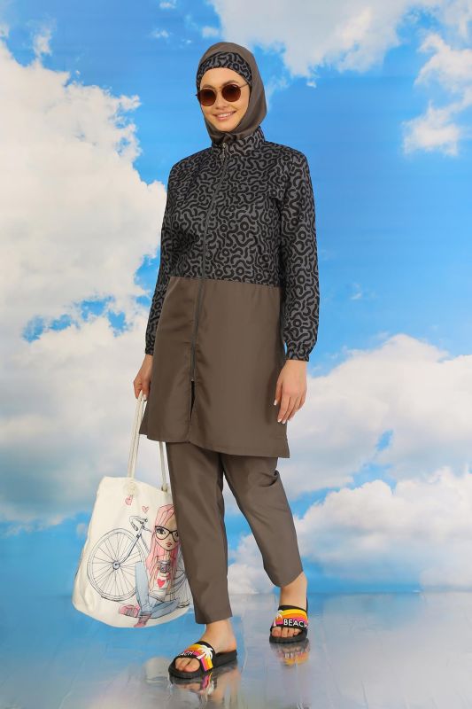 Moda Çizgi Kadın Pantolonlu Desenli Tam Tesettür Mayo Füme 31074 - 4