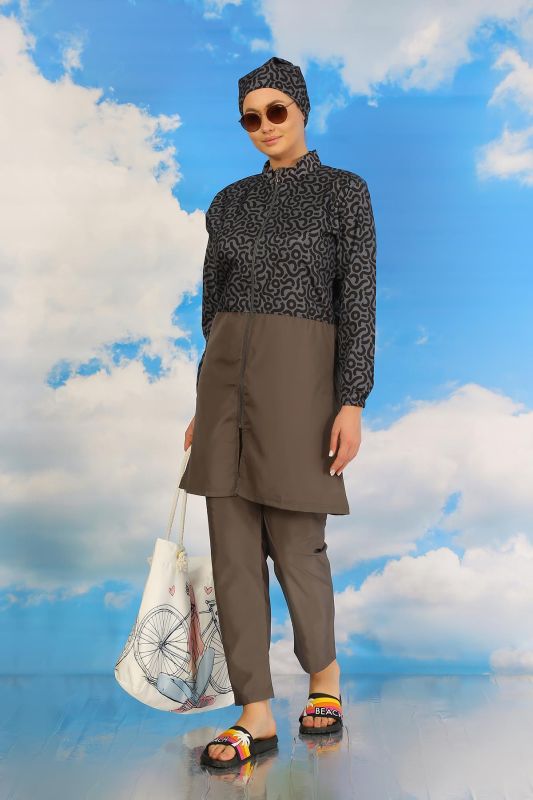 Moda Çizgi Kadın Pantolonlu Desenli Tam Tesettür Mayo Füme 31074 - 7