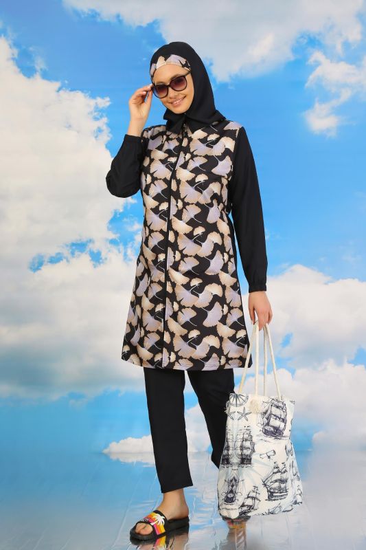 Moda Çizgi Kadın Pantolonlu Desenli Tam Tesettür Mayo Lacivert 31070 - 4