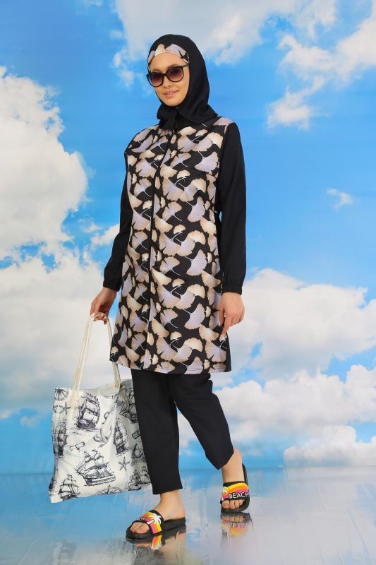 Moda Çizgi Kadın Pantolonlu Desenli Tam Tesettür Mayo Lacivert 31070 - 7