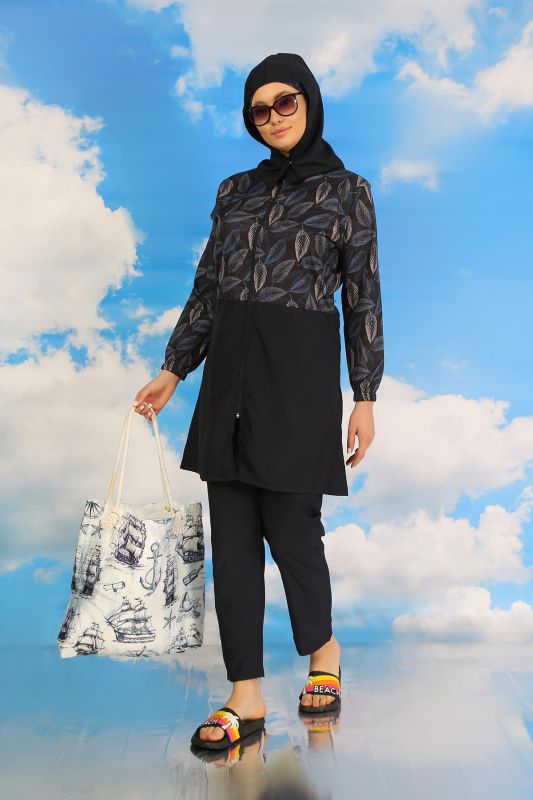 Moda Çizgi Kadın Pantolonlu Desenli Tam Tesettür Mayo Lacivert 31075 - 2