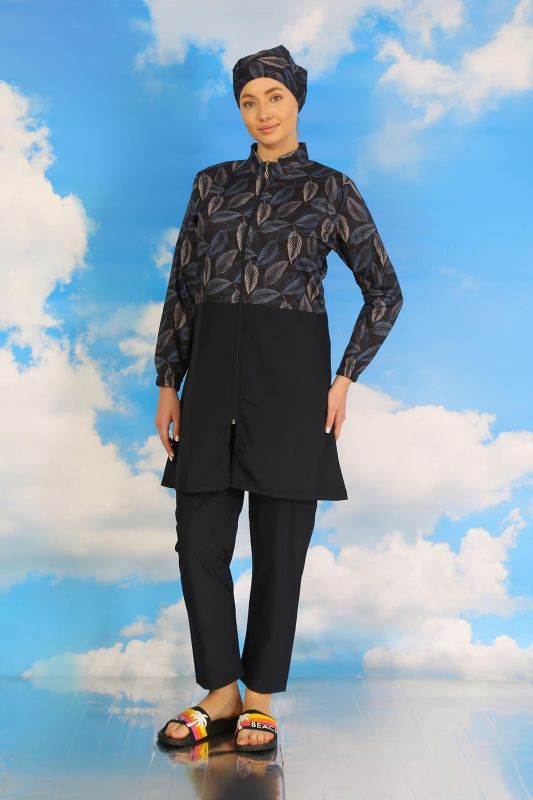 Moda Çizgi Kadın Pantolonlu Desenli Tam Tesettür Mayo Lacivert 31075 - 3