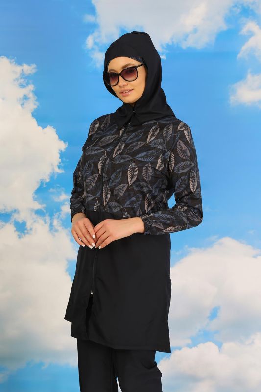 Moda Çizgi Kadın Pantolonlu Desenli Tam Tesettür Mayo Lacivert 31075 - 4
