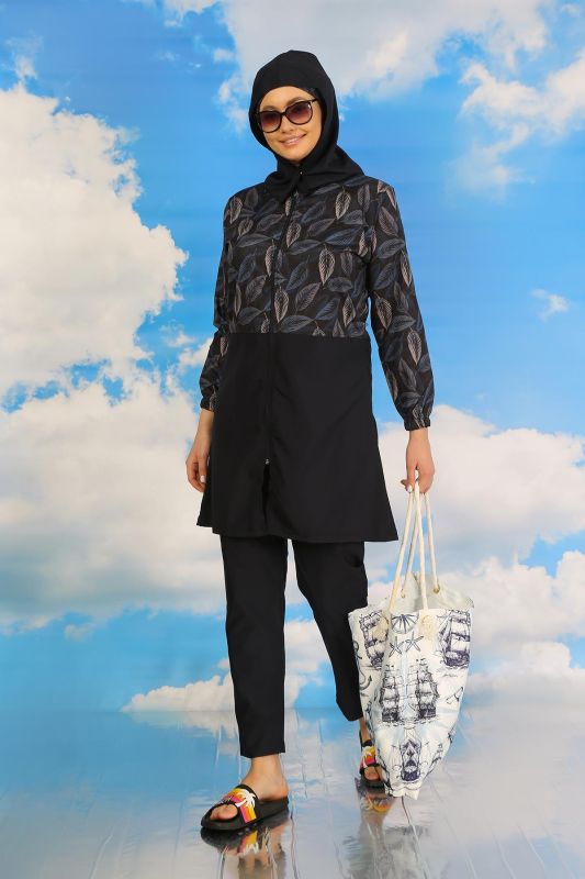 Moda Çizgi Kadın Pantolonlu Desenli Tam Tesettür Mayo Lacivert 31075 - 5