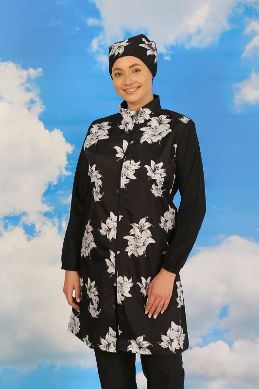 Moda Çizgi Kadın Pantolonlu Desenli Tam Tesettür Mayo Siyah 31070 - 2