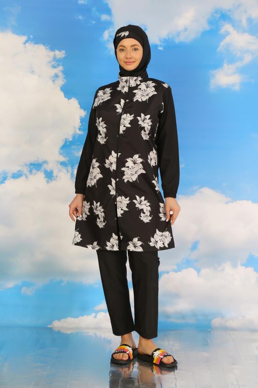 Moda Çizgi Kadın Pantolonlu Desenli Tam Tesettür Mayo Siyah 31070 - 3