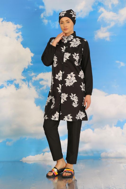 Moda Çizgi Kadın Pantolonlu Desenli Tam Tesettür Mayo Siyah 31070 - 6